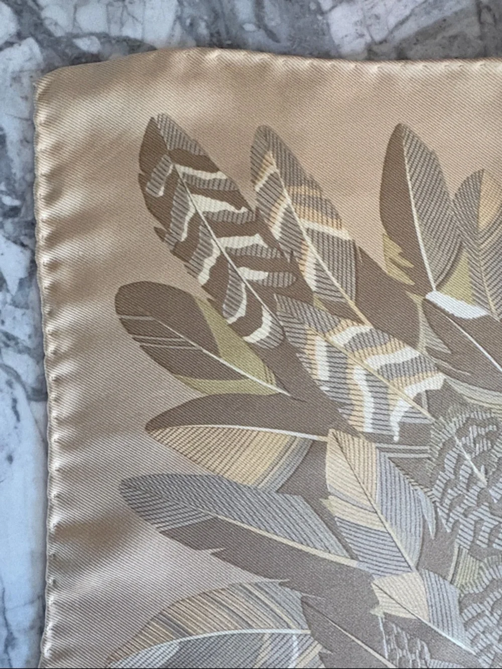 Vintage Holland & Holland Beige Feather Print Silk Scarf